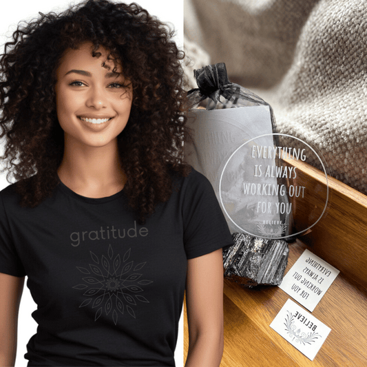 Gratitude in a Bundle—Onyx Tee + Affirmation Cling Set