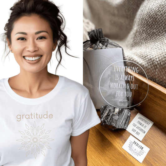Gratitude in a Bundle—White Tee + Affirmation Cling Set
